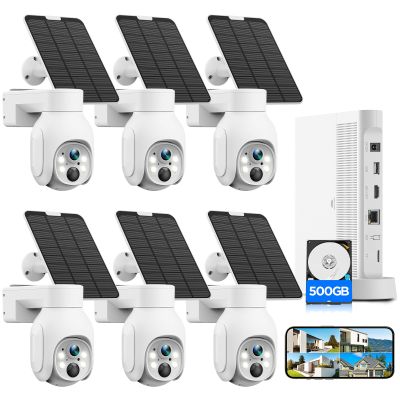 2K Solar Powered Security Cameras Wireless Outdoor, No Subscription, 6-Cam Pack, Home Security Camera System, 360 Pan & Tilt, Color Night Vision, 5G & 2.4G WiFi, 500GB HDD 10CH NVR, Motion Detection