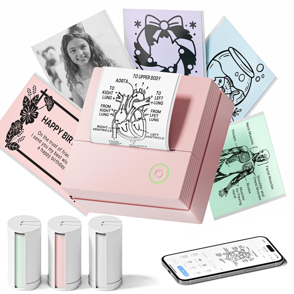 TYPONOS Sticker Printer, PM290 Mini Printer, Bluetooth Sticker Maker Machine with 3 Rolls Paper, Portable Print Pod for Study Notes, Journal, Lists, Pictures, DIY Gifts for School Office Home, Pink