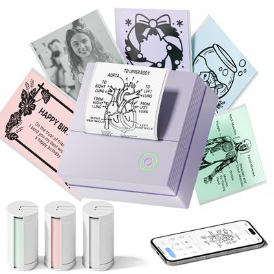 TYPONOS Sticker Printer, PM290 Mini Printer, Bluetooth Sticker Maker Machine with 3 Rolls Paper, Portable Print Pod for Study Notes, Journal, Lists, Pictures, DIY Gifts for School Office Home, Purple