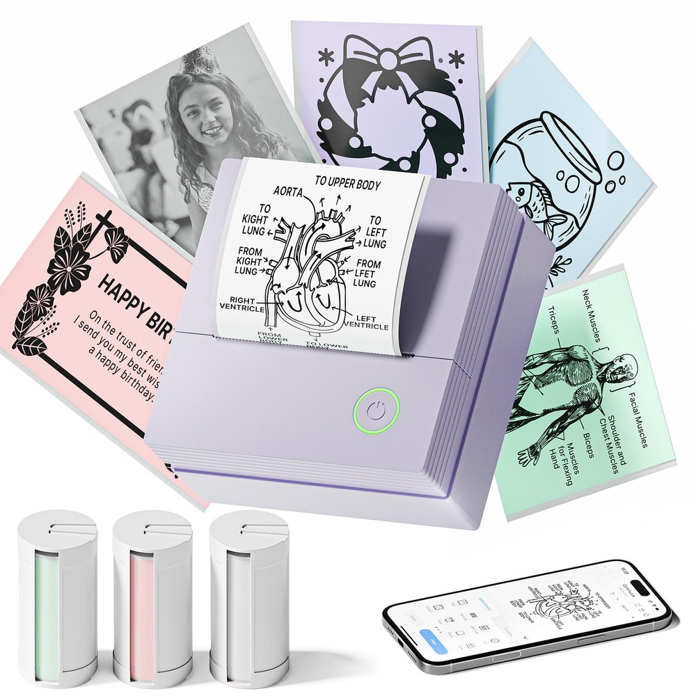 TYPONOS Sticker Printer, PM290 Mini Printer, Bluetooth Sticker Maker Machine with 3 Rolls Paper, Portable Print Pod for Study Notes, Journal, Lists, Pictures, DIY Gifts for School Office Home, Purple