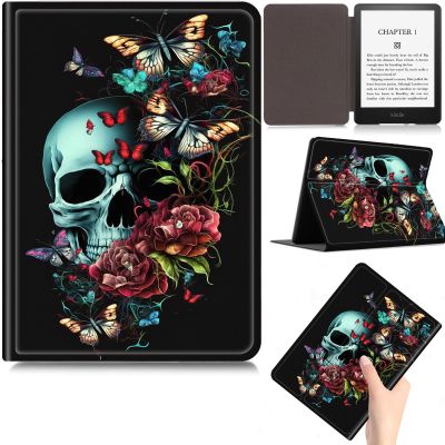 Case for 6" Kindle (11th Generation 2024-2022 Release), Slim Lightweight PU Leather Cover with Auto Sleep/Wake & Multi-Angle Stand Anti-Drop Case for Kindle 11th/12th Gen, Butterfly Rose Skull