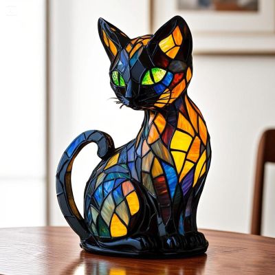 Cat Lamp Stained Night Light,Cute Resin Cats Table Lamps,Retro Pet Themed Lights Series for Animal Lovers,Novelty Tabletop LED Warm Light,Funny Home Figurine Living Room Bedroom Decor (Cat-A)