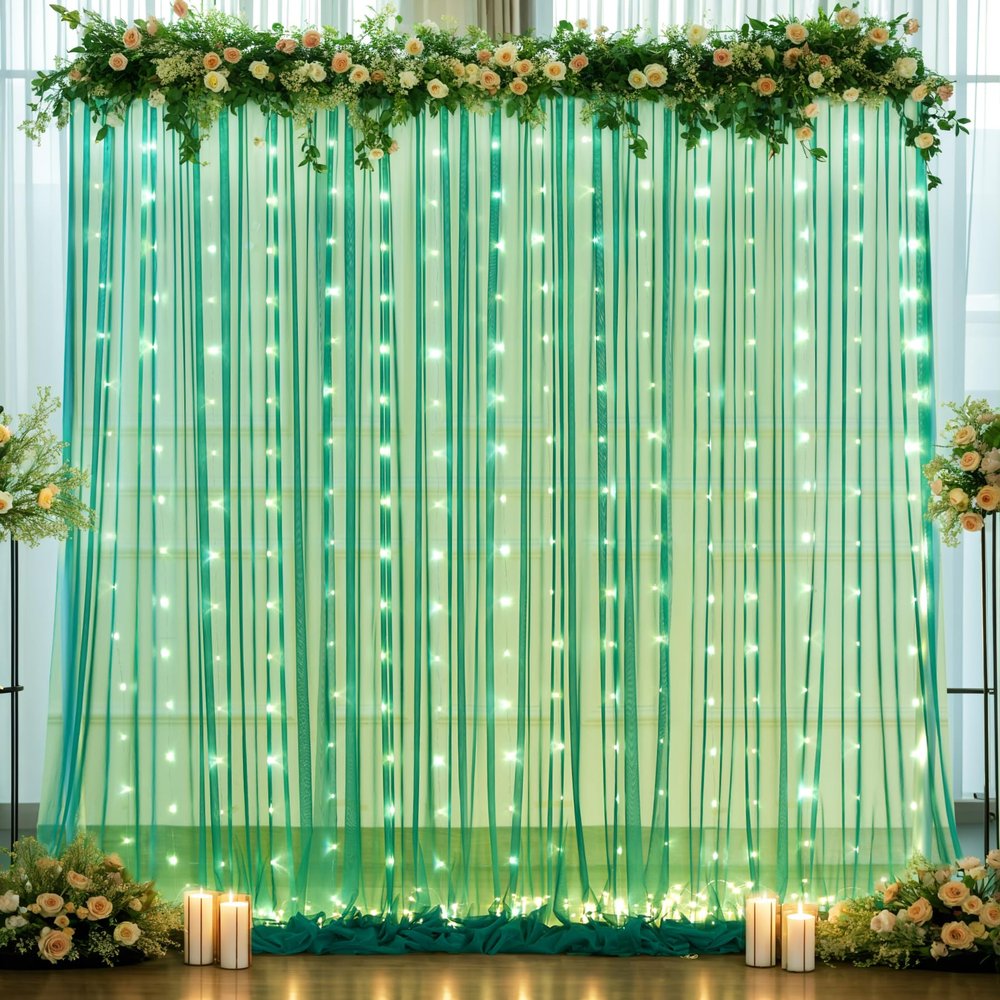 10ft x 8ft Hunter Green Tulle Photo Backdrop Curtain with Lights String for Christmas Party Sheer Curtain Backdrop Drapes for Birthday Party Holiday Wedding Photo Booth Background Room Decorations