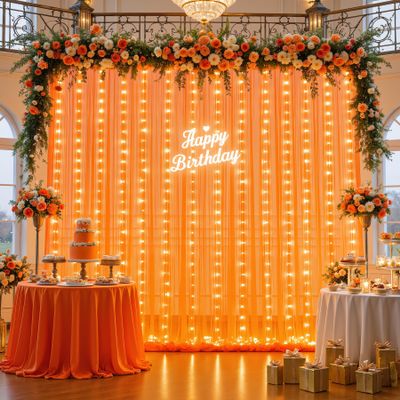 10ft x 8ft Orange Tulle Photo Backdrop Curtain with Lights String for Halloween Party Orange Sheer Curtain Backdrop Drapes for Birthday Party Wedding Photo Booth Background Home Room Decorations