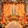 10ft x 8ft Orange Tulle Photo Backdrop Curtain with Lights String for Halloween Party Orange Sheer Curtain Backdrop Drapes for Birthday Party Wedding Photo Booth Background Home Room Decorations view 3