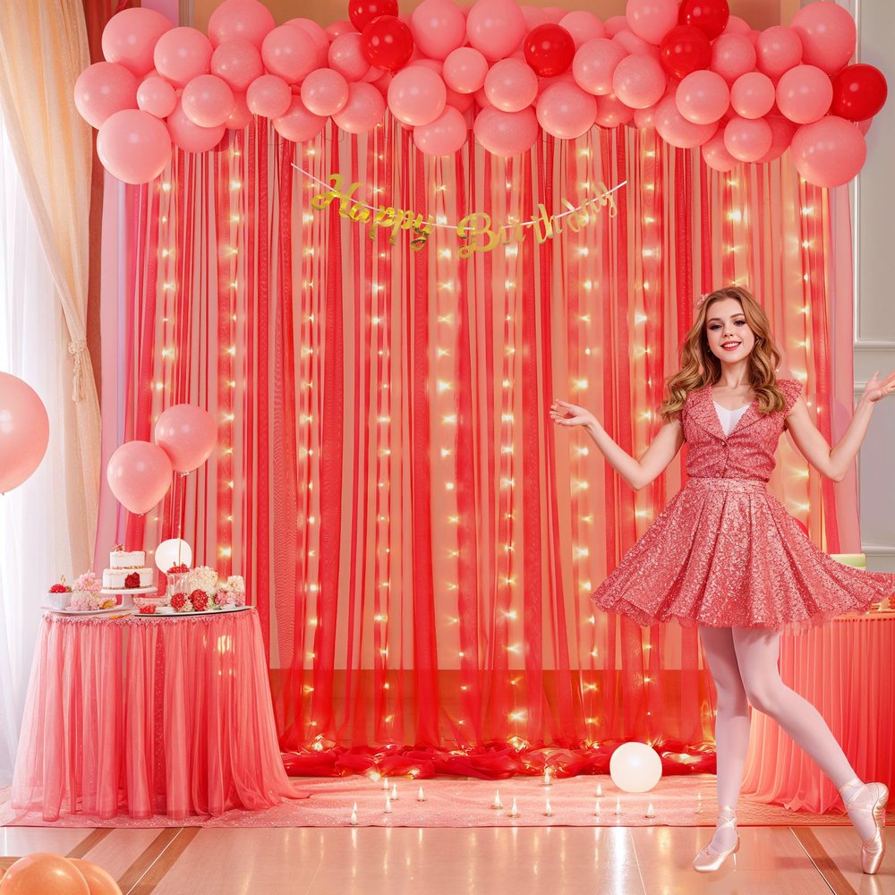 10ft x 8ft Red Tulle Photo Backdrop Curtain with Lights String for Christmas Party Red Sheer Curtain Backdrop Drapes for Birthday Party Wedding Holiday Photo Booth Background Home Room Decorations