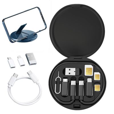 9 in 1 Cable Case, Multi USB Charging Adapter Kit, USB to USB-C Adapter, 60W Fast Charge Type-C Micro Cable, Cables Conversion Storage Box with Card Slot Phone Holder (Black)