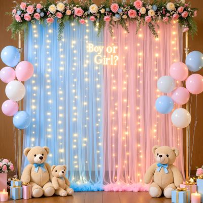 10ft x 8ft Pink Blue Tulle Photo Backdrop Curtain with Lights String for Gender Reveal Sheer Curtain Back Drop Baby Shower Backdrop for Boy or Girls Birthday Party Photo Booth Background Decorations