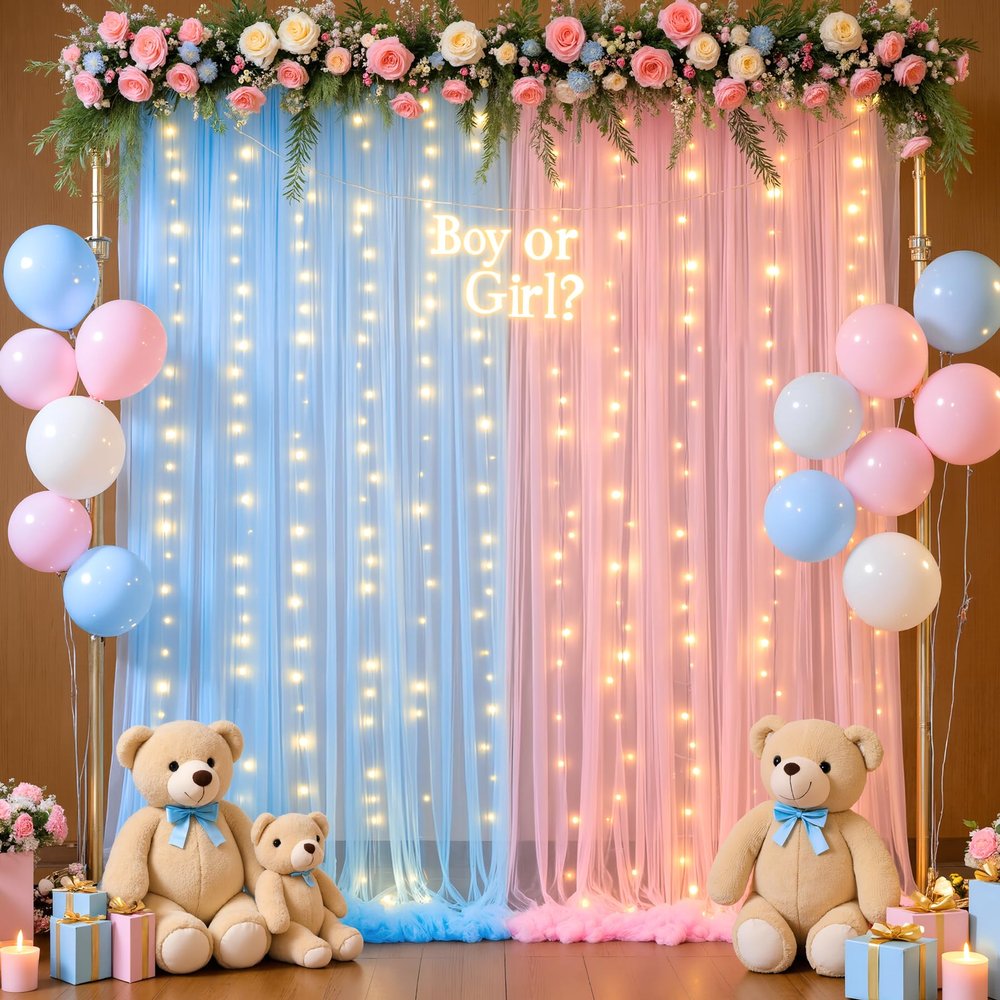 10ft x 8ft Pink Blue Tulle Photo Backdrop Curtain with Lights String for Gender Reveal Sheer Curtain Back Drop Baby Shower Backdrop for Boy or Girls Birthday Party Photo Booth Background Decorations