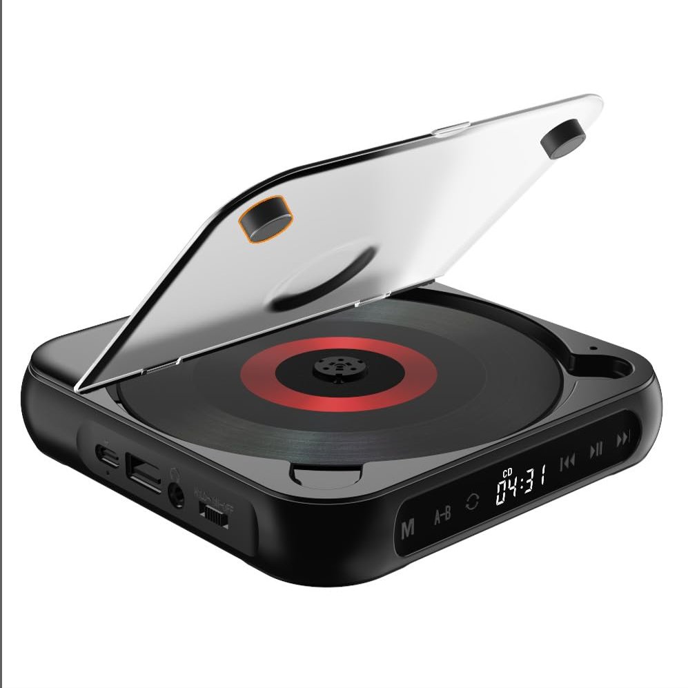 Portable CD Player with Bluetooth 5.3 Transmitter, 2000mAh Rechargeable, Built-in HiFi Dual Speakers, Supports CD/USB/AUX, LCD Display, Headphones Included for Home/Car (Black)