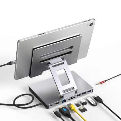 Aluminum Stand with 9-in-1 Type C Dock,100W PD,4K HDMI, Foldable for iPad Pro/Air, All-in-One Docking Station & Adjustable Holder, USB 3.0/Ethernet/SD Reader