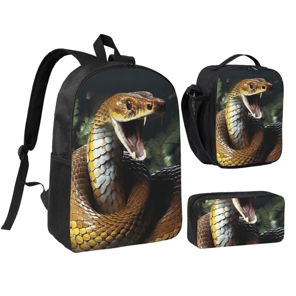 3PCS Cobra Snake Backpack Set with Insulated Lunch Box Pencil Pouch, 17inch Lightweight Laptop Bags Shoulder Lunch Bag and Pencil Case Bag 3-in-1 Set
