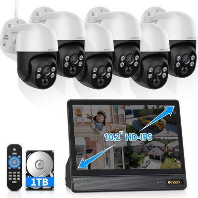 (2026 New) 4K PoE PTZ Security Camera System with 10'' Monitor, 8CH NVR, 6 Wired Outdoor Cameras, Pan Tilt Auto Tracking, AI Human Detection, Free App, No Monthly Fee, IP65