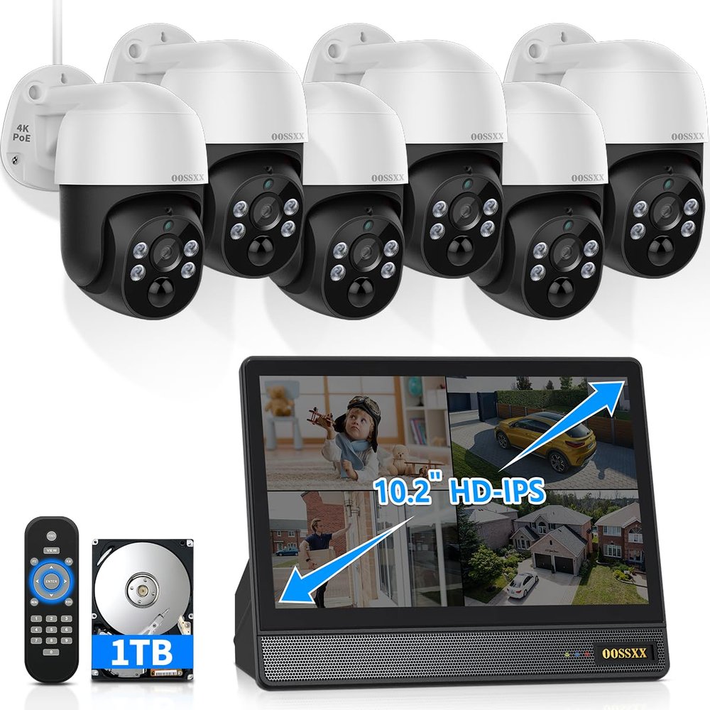 (2026 New) 4K PoE PTZ Security Camera System with 10'' Monitor, 8CH NVR, 6 Wired Outdoor Cameras, Pan Tilt Auto Tracking, AI Human Detection, Free App, No Monthly Fee, IP65