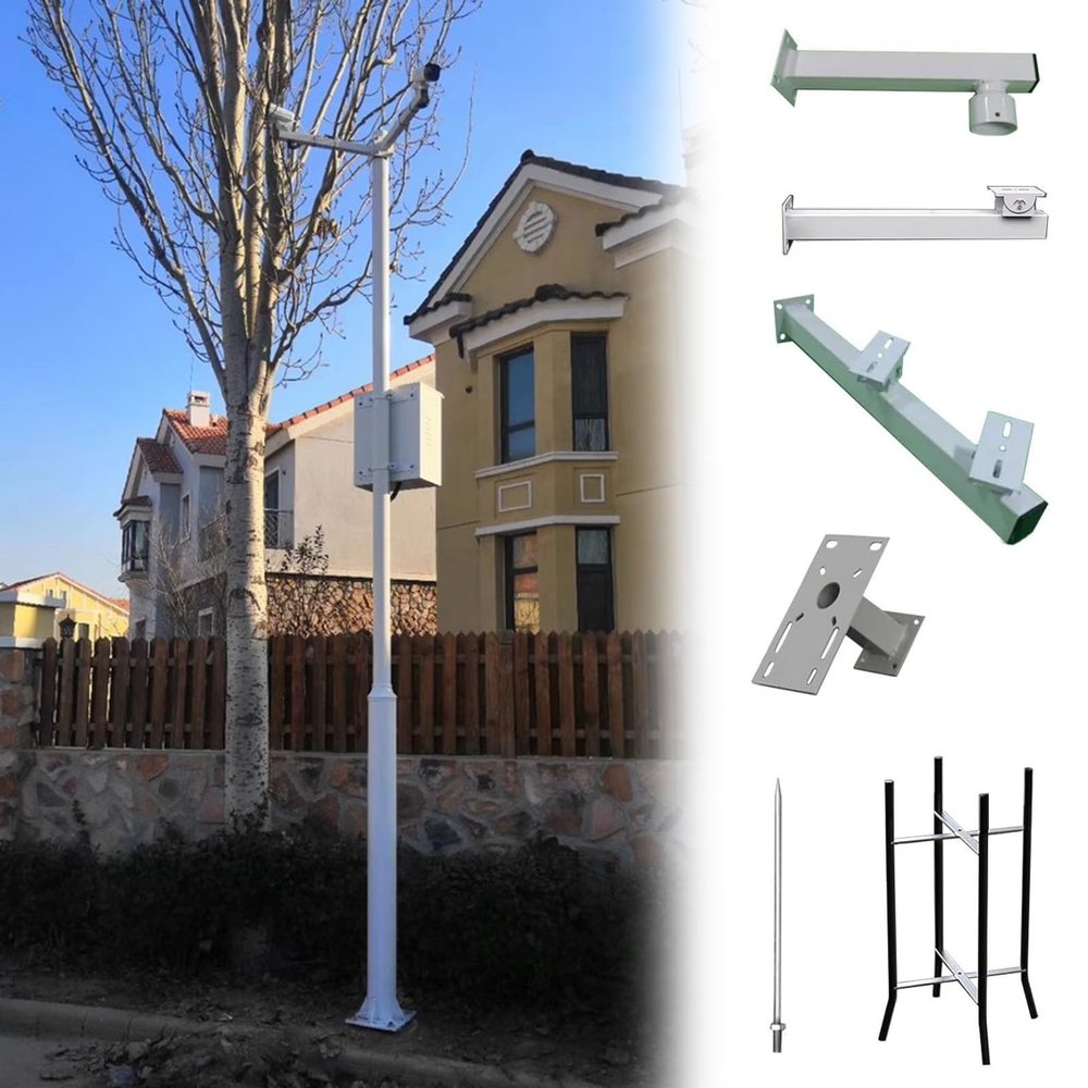 CHZDPP Outside Surveillance Pole with Lightning Rod, Universal Camera Bracket with 4 Mounting Arms, Spliced Security Pole for Ground Mount(138in (3.5m))