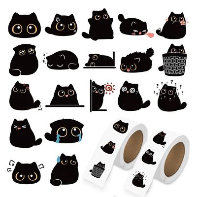 1000 Pcs Black Cats Decor Stickers Bulk 2 Roll 1 Inch,Cute Animal Sticker Pack Book Water Bottles Laptop,Cartoon Cat Meme Stickers for Boys Girls