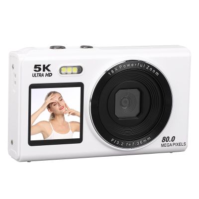 PUSOKEI 5K Digital Camera, Dual Screen Vlogging Camera with 18x Optical Zoom & Webcam, Built in Flash Auto Focus for Content Creators, Travel, Photography (White)