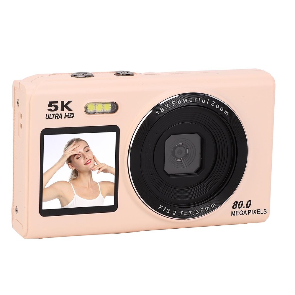 PUSOKEI 5K Digital Camera, Dual Screen Vlogging Camera with 18x Optical Zoom & Webcam, Built in Flash Auto Focus for Content Creators, Travel, Photography (Pink)