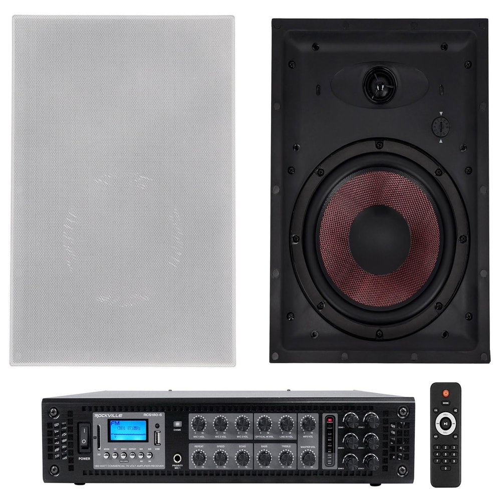 Rockville Bundle: Pair WA870 8" 70V Commercial/Restaurant in-Wall Speakers 50W/25W/12.5W/6.3W Bundle with RCS180-6 180 Watt 6 Zone 70V Commercial/Restaurant Amplifier/Bluetooth (2 Items)
