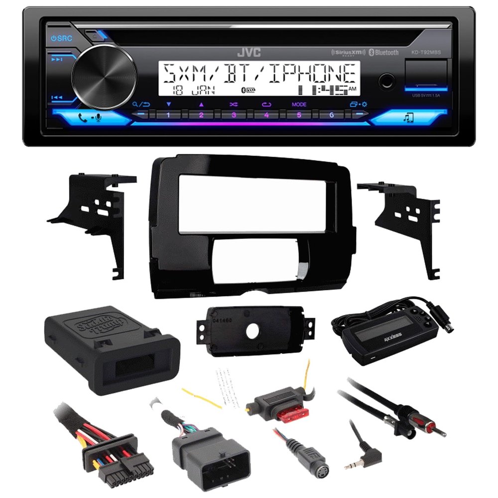 JVC Single DIN Bluetooth USB AUX AM/FM Radio CD Player Stereo Receiver Bundle Combo with Stereo Install Kit, Handle Bar Control Interface (Fits Select 2014-Up HD Models)
