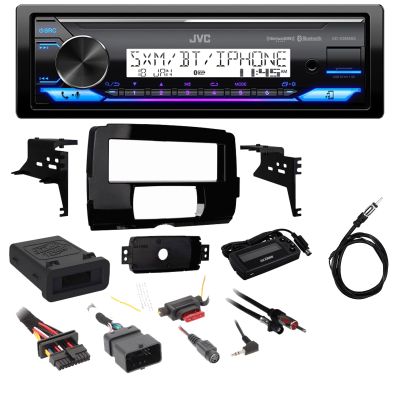 JVC Single DIN Bluetooth USB AUX AM/FM Radio LED Illumination Stereo Receiver Bundle Combo with Stereo Install Kit, Handle Bar Control Interface, 40" Wire Antenna (Fits Select 2014-Up HD Models)