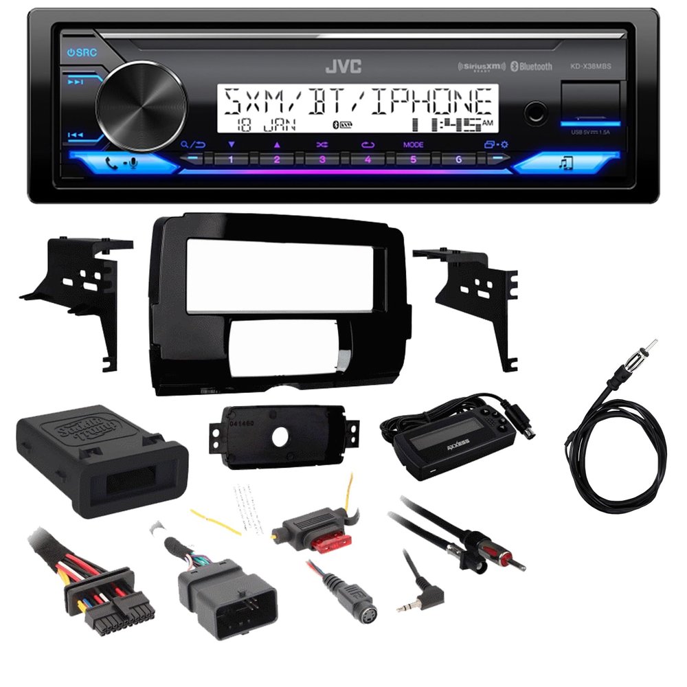 JVC Single DIN Bluetooth USB AUX AM/FM Radio LED Illumination Stereo Receiver Bundle Combo with Stereo Install Kit, Handle Bar Control Interface, 22" Wire Antenna (Fits Select 2014-Up HD Models)