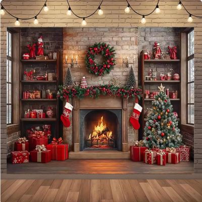 10x8ft Christmas Background Fireplace Gift Snow Tree Brick Wall Background Winter New Year Family Portrait Banner