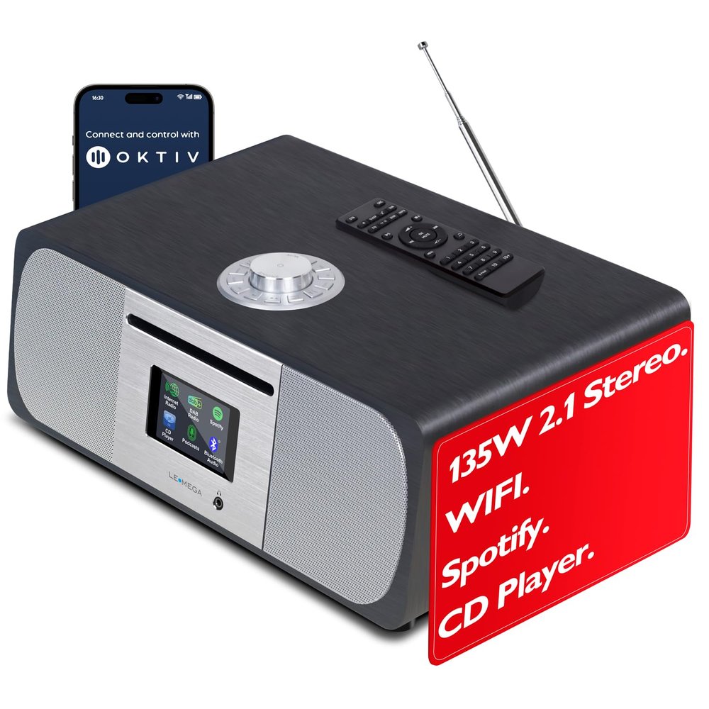 Lemega M5P Upgrade Internet Radio with CD Player, Powerful 2.1 Stereo System,Spotify HiFi, Bluetooth, FM Radio, Acoustic Wood Cabinet,50 Presets, Headphone Jack,OKTIV APP Control - Black