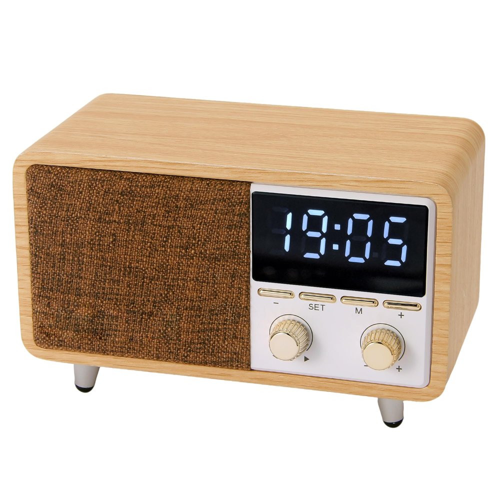 Retro Bluetooth Speaker Clock Radio with Fabric Grille&Wood Finish,Vintage FM Radio with Dual Alarm,Dimmable LED Display for Bedroom Nightstand,Office Desk,Loud Sound,Rechargeable,Knob Control ,TF&AUX