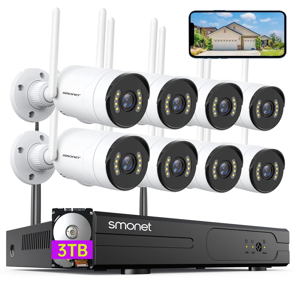 5MP Wireless Home Security Camera System, 8CH NVR with 3TB Hard Drive, SMONET CCTV Kit with 8 Indoor/Outdoor IP Cameras, Night Vision, IP66 Waterproof, Mobile App Access