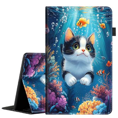 Yuxcfhjfe Case for New Amazon Kindle Fire 7 (12th Generation 2022 Release), Premium PU Leather Folio Stand Cover Case with Smart Auto Wake/Sleep, Underwater Adventure Cat