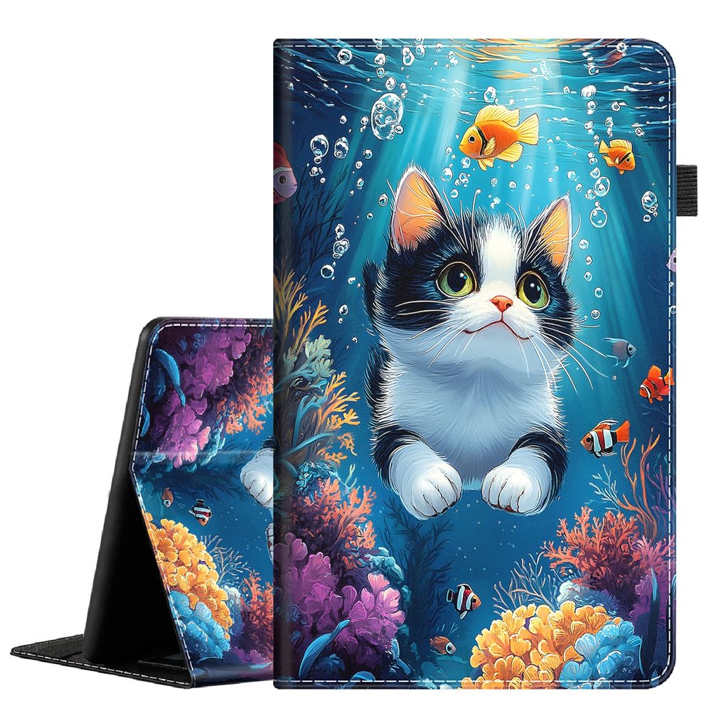 Yuxcfhjfe Case for New Amazon Kindle Fire 7 (12th Generation 2022 Release), Premium PU Leather Folio Stand Cover Case with Smart Auto Wake/Sleep, Underwater Adventure Cat