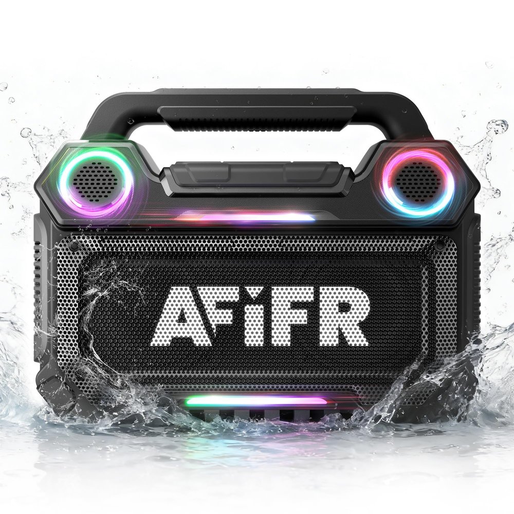 AFIFR Outdoor Bluetooth Speaker, 160W Loud Bass! Rugged, IP67 Waterproof, 24H Playtime with Lights, Wireless TWS Pairing Portable Speakers for Party, Outsides, Travel, Beach, Garage (Black)