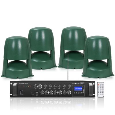 Sound Town Commercial Residential Omni Outdoor Speaker+Amplifier Set, with One 6-Zone 70V/100V Amplifier with Bluetooth, 4 x 8 High-Fidelity Outdoor 360 Dispersion Speakers, Green (STCA600X4OMNI82G)