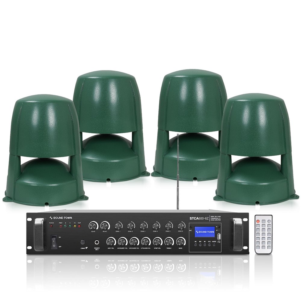 Sound Town Commercial Residential Omni Outdoor Speaker+Amplifier Set, with One 6-Zone 70V/100V Amplifier with Bluetooth, 4 x 8 High-Fidelity Outdoor 360 Dispersion Speakers, Green (STCA600X4OMNI82G)