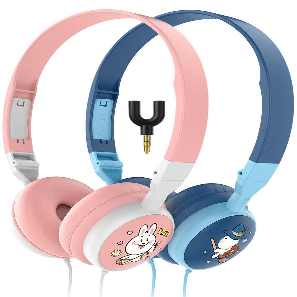 Kids Headphones for School, Ages 6+, 2 Pack with Splitter, Safe 98dB Volume, Fun Colors, Perfect for Sharing at Home, Travel & Classroom, Blue