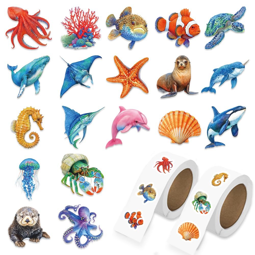 1000 Pcs Ocean Animal Stickers Bulk 2 Roll 1 Inch,Under The Sea Stickers for Classroom Boys Girls.Turtle Whale Shark Starfish Fish Sticker Pack Book Water Bottles Laptop
