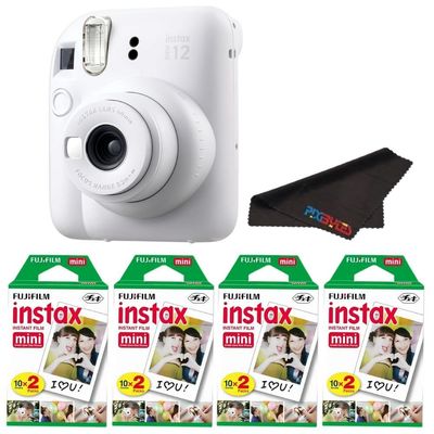 Fujifilm Instax Mini 12 Camera with Fujifilm Instant Mini Film and PixiBytes Microfiber Cleaning Cloth... (Clay White, Camera + 4 Twin Pack)