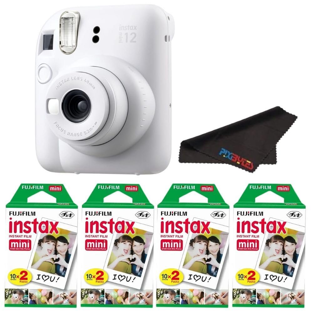 Fujifilm Instax Mini 12 Camera with Fujifilm Instant Mini Film and PixiBytes Microfiber Cleaning Cloth... (Clay White, Camera + 4 Twin Pack)