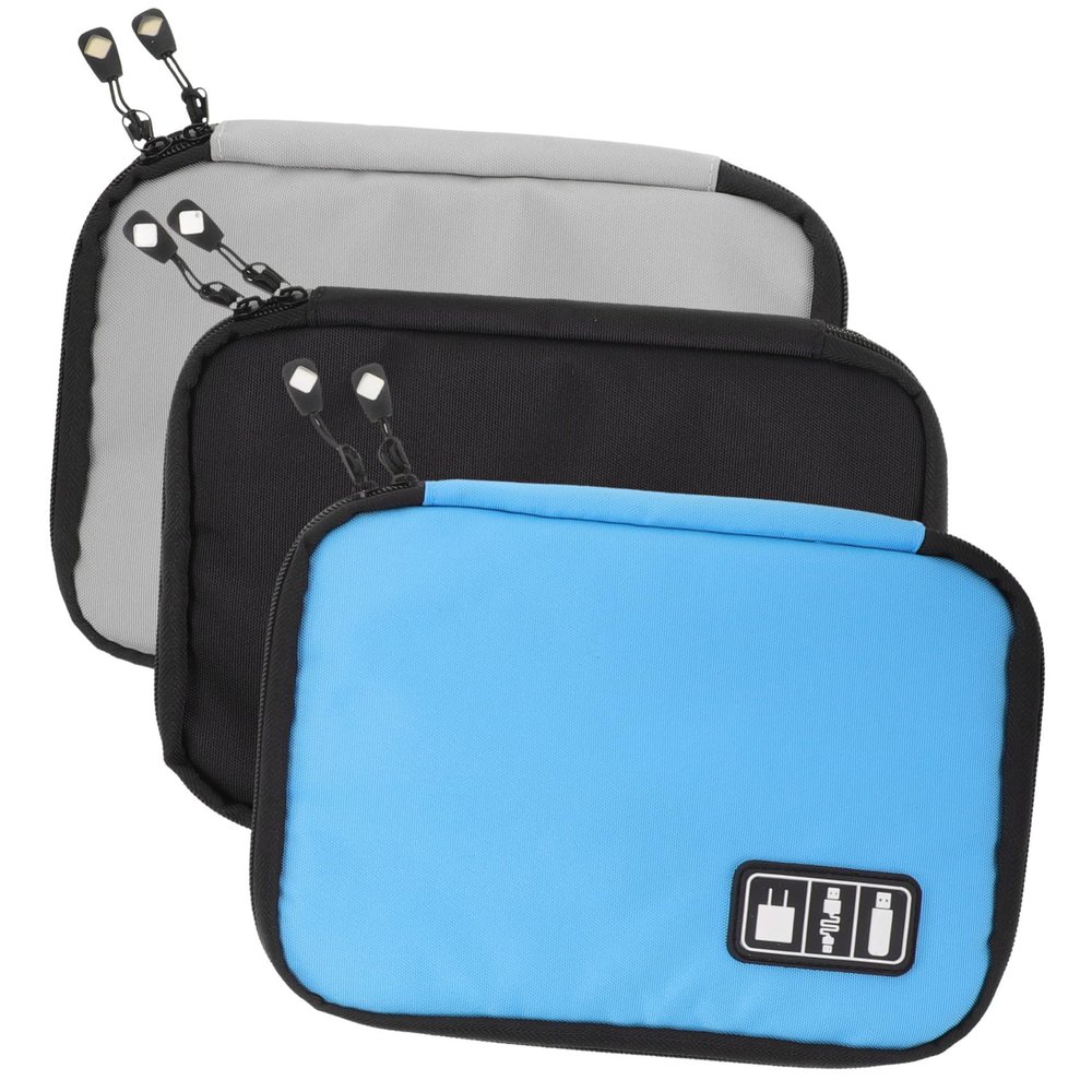 KALLORY 3pcs Travel Electronic Organizer Bag Portable Digital Storage Case for Cables Chargers Earphones USB Flash Drives Multi Purpose Compact Carrying Pouch Blue Black Gray