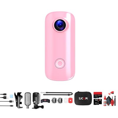 SJCAM C100 Plus Action Camera in Pink with 4K Video, EIS Stabilization, and Audio Recording, Bundle Including: 64GB Micro SD Card, Card Reader, Card Wallet, and Micro USB Cable