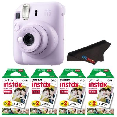Fujifilm Instax Mini 12 Camera with Fujifilm Instant Mini Film and PixiBytes Microfiber Cleaning Cloth... (Lilac Purple, Camera + 4 Twin Pack)