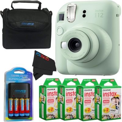 Fujifilm Instax Mini 12 Camera with Fujifilm Instant Mini Film and PixiBytes Microfiber Cleaning Cloth... (Mint Green, Camera + 4 Twin Pack/CC1)