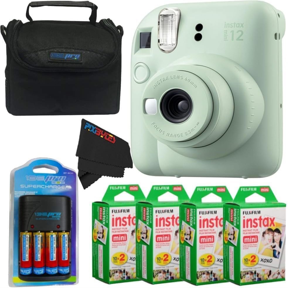 Fujifilm Instax Mini 12 Camera with Fujifilm Instant Mini Film and PixiBytes Microfiber Cleaning Cloth... (Mint Green, Camera + 4 Twin Pack/CC1)