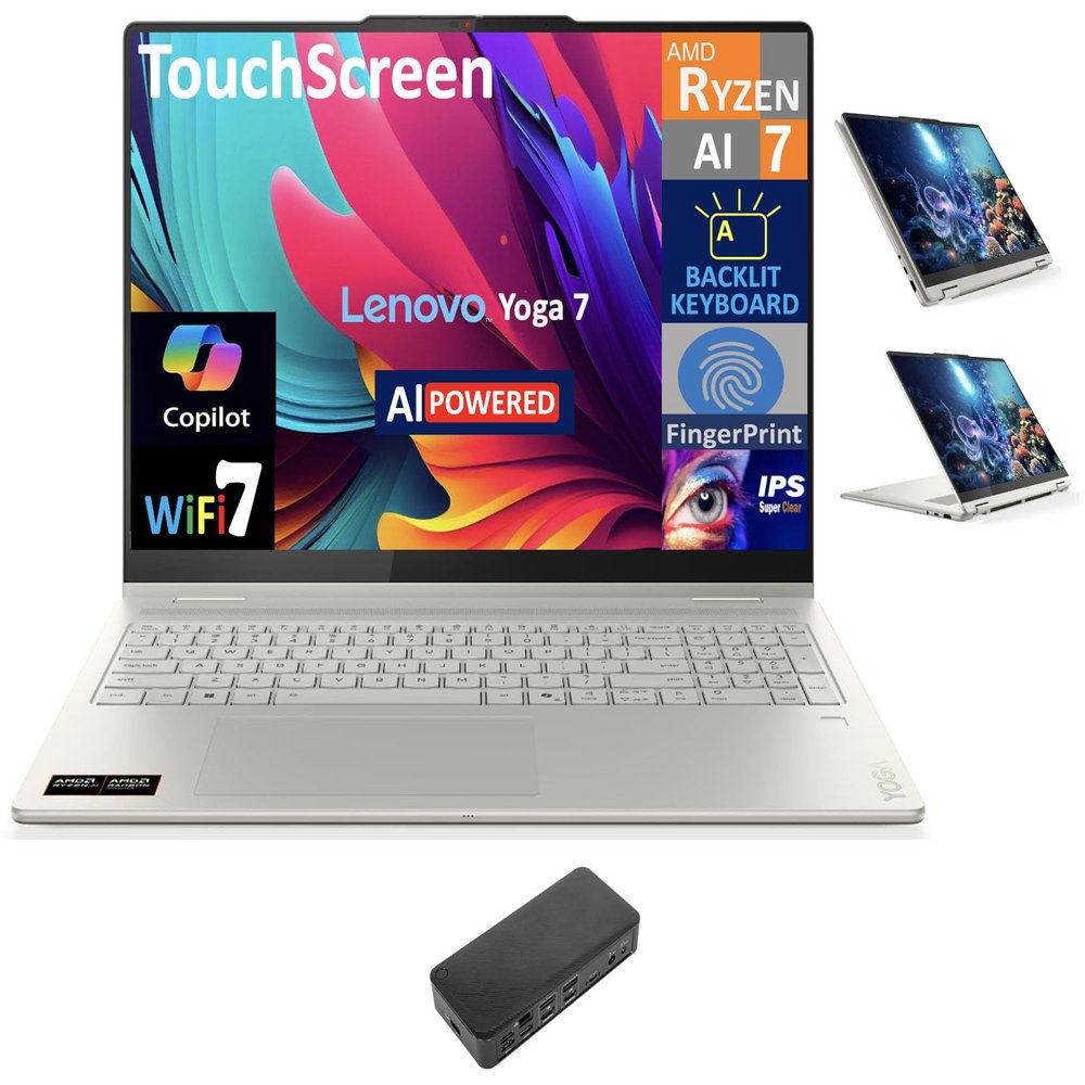 Lenovo Yoga AI Powered 2-in-1 Laptop 16.0" Touchscreen IPS WUXGA Display (AMD Ryzen AI 7 350, 16GB LPDDR5X, 1TB SSD, Backlit KB, Fingerprint, WiFi 7, Webcam, Bluetooth 5.4, Win 11 Home) w/USB-C Dock