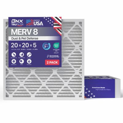 BNX TruFilter 20x20x5 MERV 8 Air Filter (ACTUAL SIZE 19.88 x 19.88 x 4.38 Honeywell Compatible 4) 2 Pack MADE IN USA HVAC AC Furnace Filters Dust, Pet, Mold, Pollen MPR 600 FPR 5