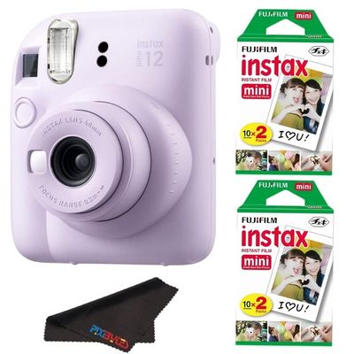 Fujifilm Instax Mini 12 Camera with Fujifilm Instant Mini Film and PixiBytes Microfiber Cleaning Cloth... (Lilac Purple, Camera + 2 Twin Pack)
