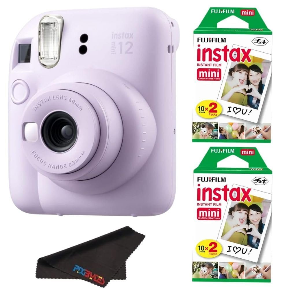 Fujifilm Instax Mini 12 Camera with Fujifilm Instant Mini Film and PixiBytes Microfiber Cleaning Cloth... (Lilac Purple, Camera + 2 Twin Pack)
