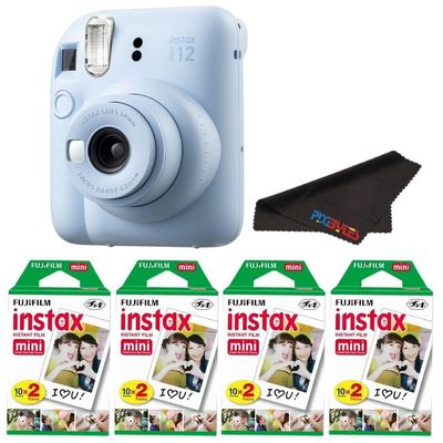 Fujifilm Instax Mini 12 Camera with Fujifilm Instant Mini Film and PixiBytes Microfiber Cleaning Cloth... (Pastel Blue, Camera + 4 Twin Pack)