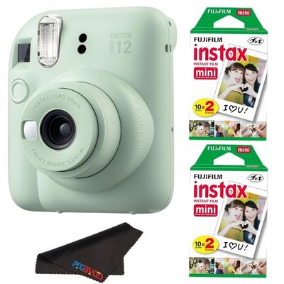 Fujifilm Instax Mini 12 Camera with Fujifilm Instant Mini Film and PixiBytes Microfiber Cleaning Cloth... (Mint Green, Camera + 2 Twin Pack)